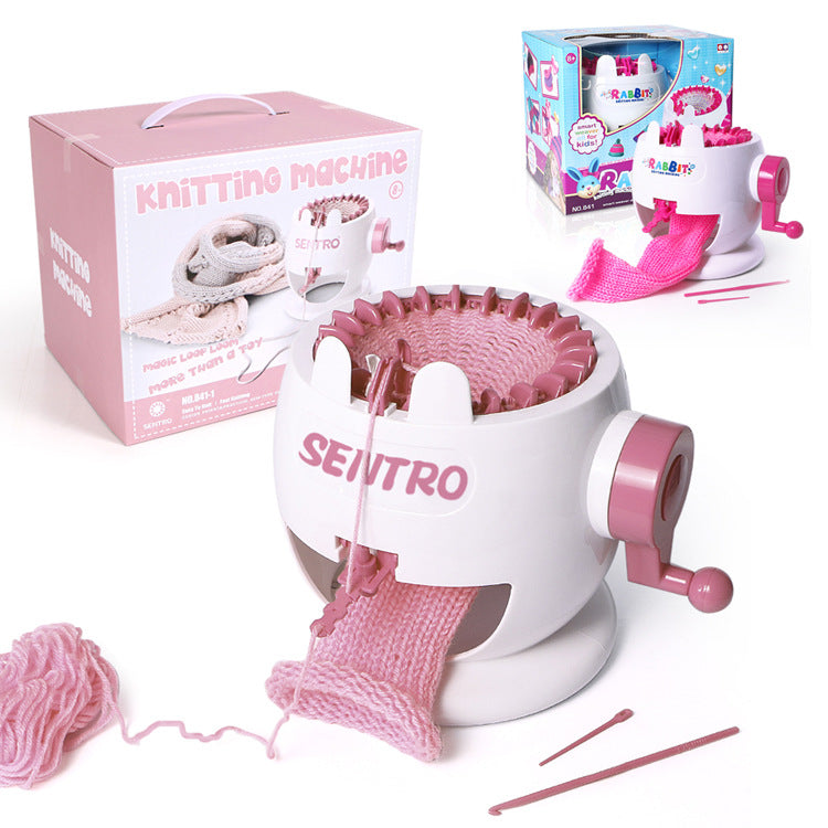 a machine with a yarn and knitting needles