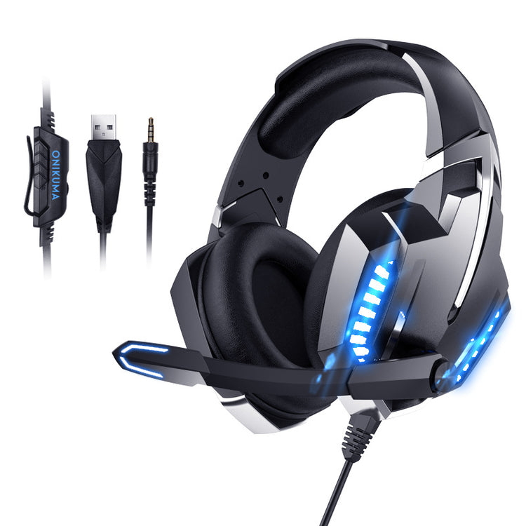a black headphones with blue lights