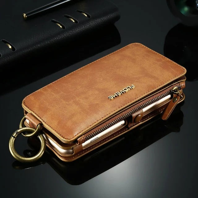 a brown leather wallet with a key chain