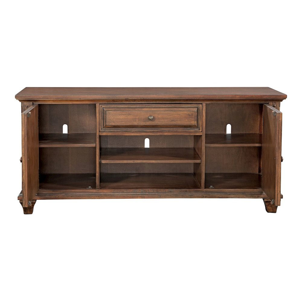 a brown wooden cabinet with open shelves