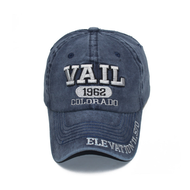 a blue hat with white text