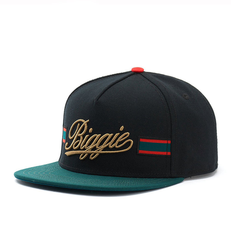 a black hat with green and red text