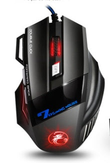a black computer mouse with red lights