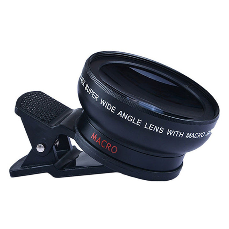 a black camera lens with a clip