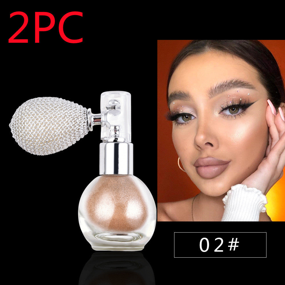 a woman with a bottle of makeup