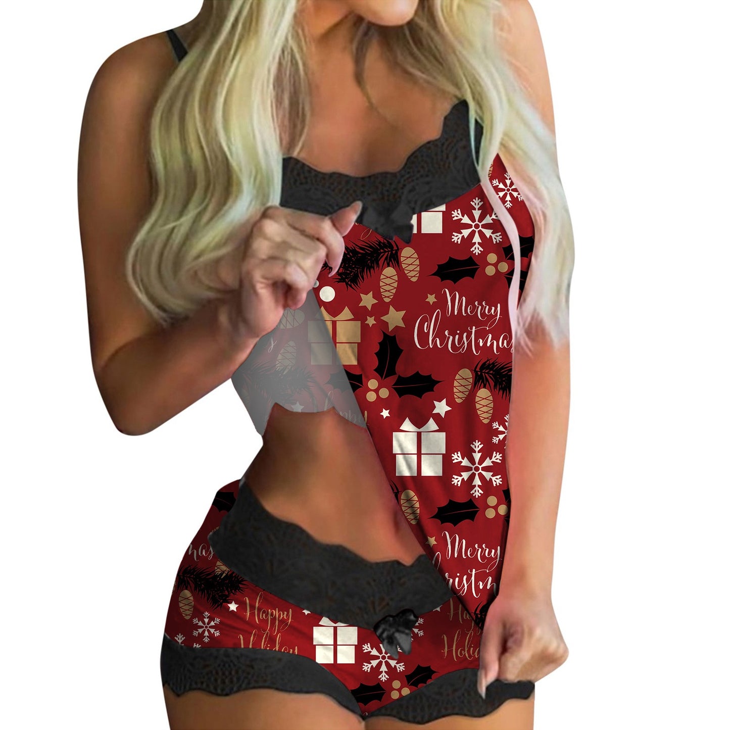 European And American Lace Sexy Sweet Print Suspender Two-piece Pajamas