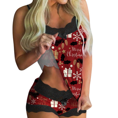 European And American Lace Sexy Sweet Print Suspender Two-piece Pajamas