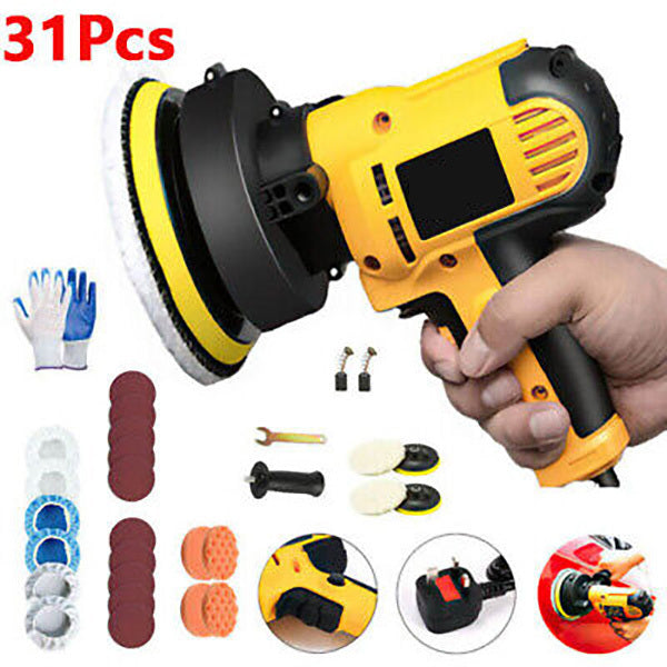 a hand holding a yellow and black power tool