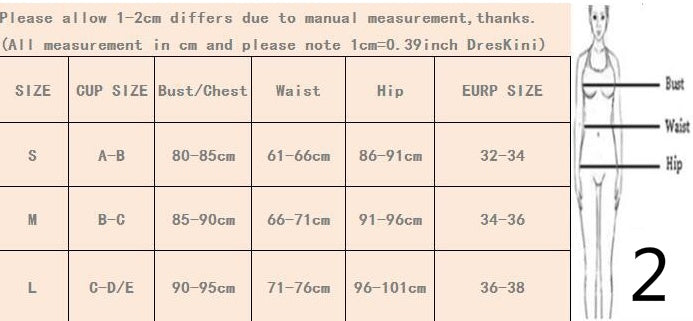 a table with a number of sizes and measurements