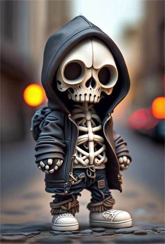 a skeleton in a black jacket