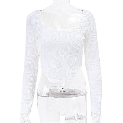 Sexy U Neckline Spice Girl Fishbone Bundle Lumbar Muscle Short Temperament Slim Long Sleeve Top T-shirt Woman