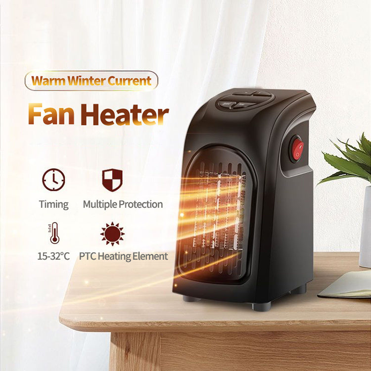 a black heater with a red button on top of it
