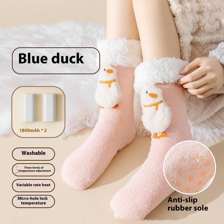 a person wearing pink socks with a white duck and a white blanket