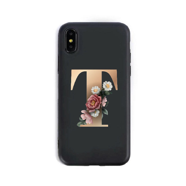a black phone case with a letter on it