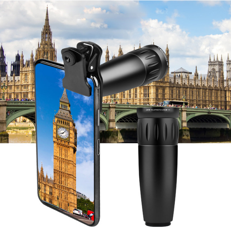 a phone with a telescope and a bridge in the background