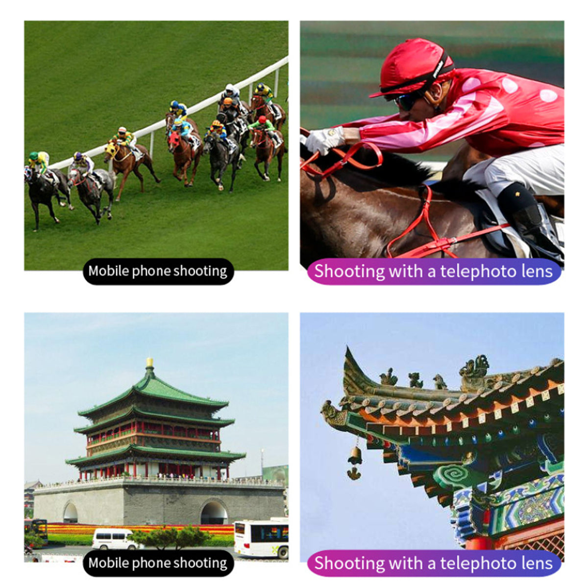 a collage of images of a horse racing