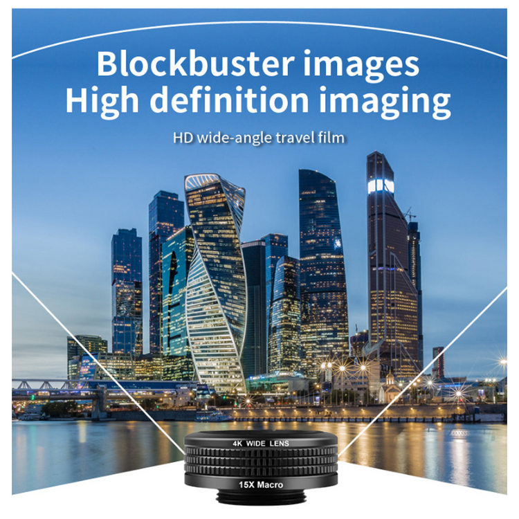 a camera lens with a city in the background