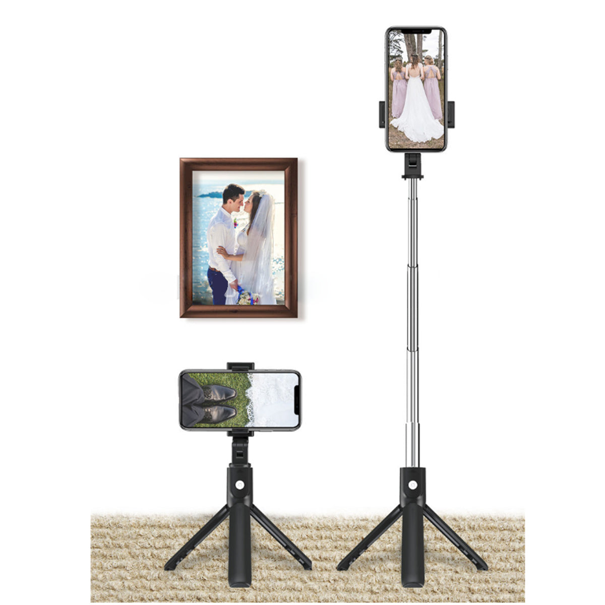 a selfie stick with a picture of a man and woman