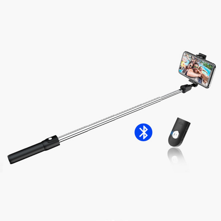 a selfie stick with a phone and a bluetooth device