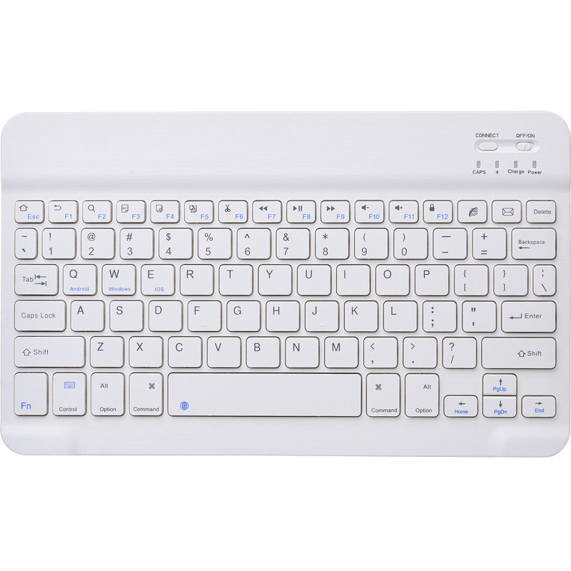 a white keyboard with blue and white keys