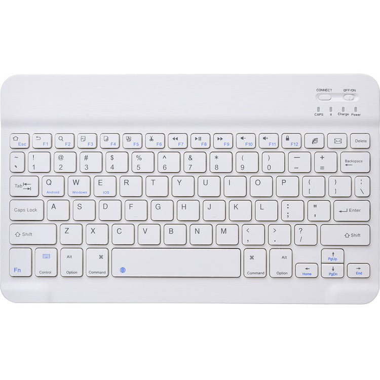 a white keyboard with blue and white keys