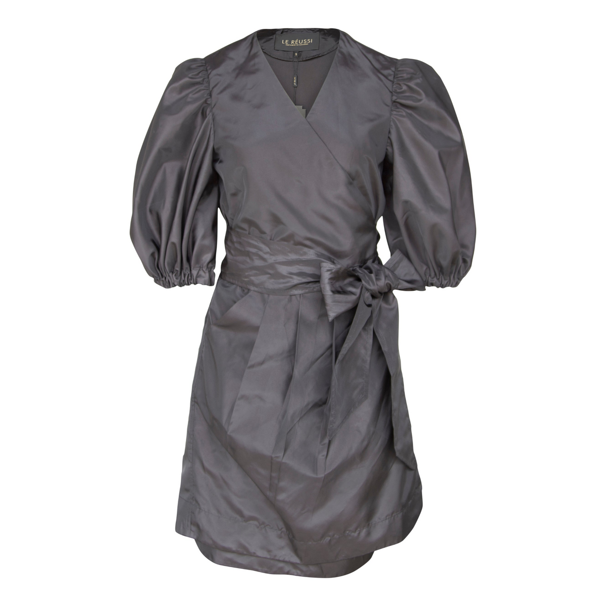 a grey dress with puffy sleeves