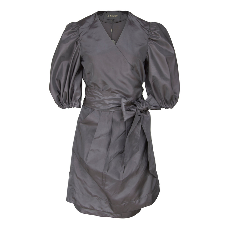a grey dress with puffy sleeves
