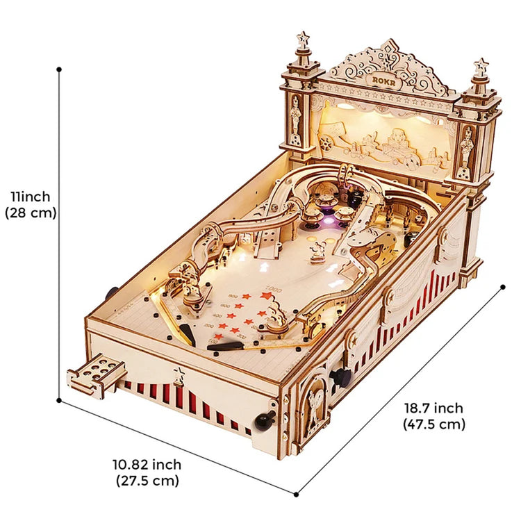 a small wooden pinball machine with size charts
