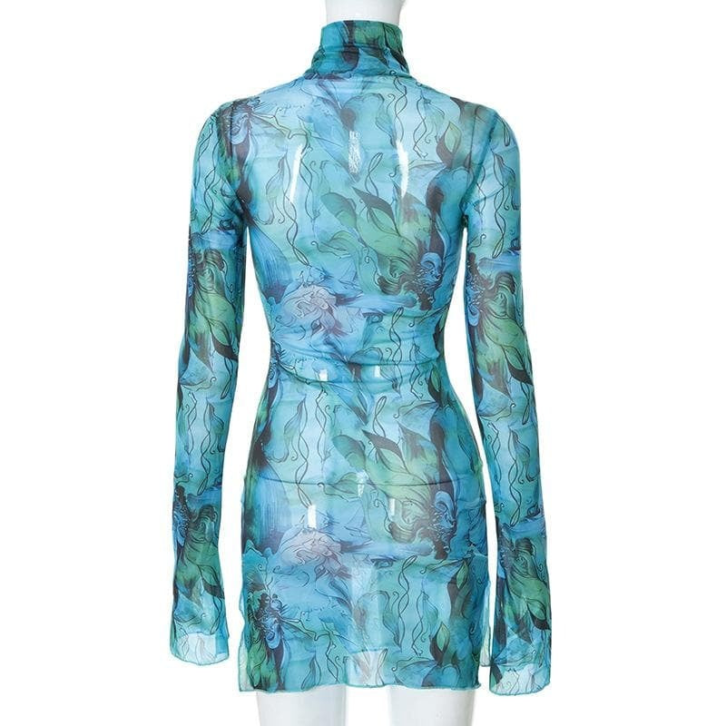 a blue dress with a design on it