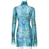Mesh Printed Round Neck Bell Sleeve Mini Dress