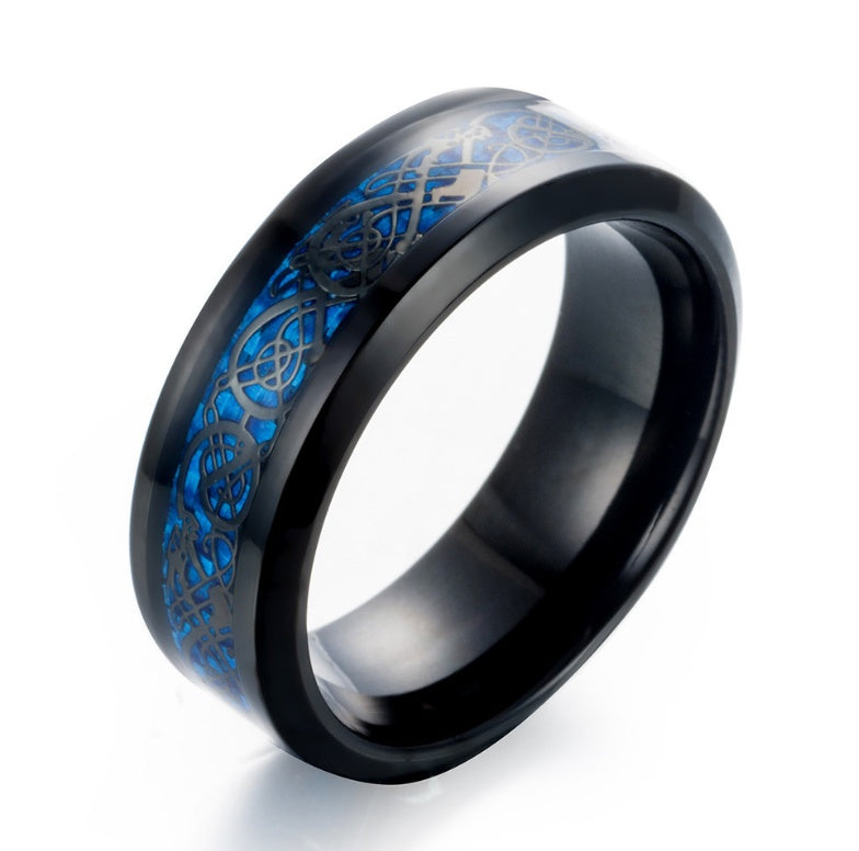 a black ring with blue and silver design