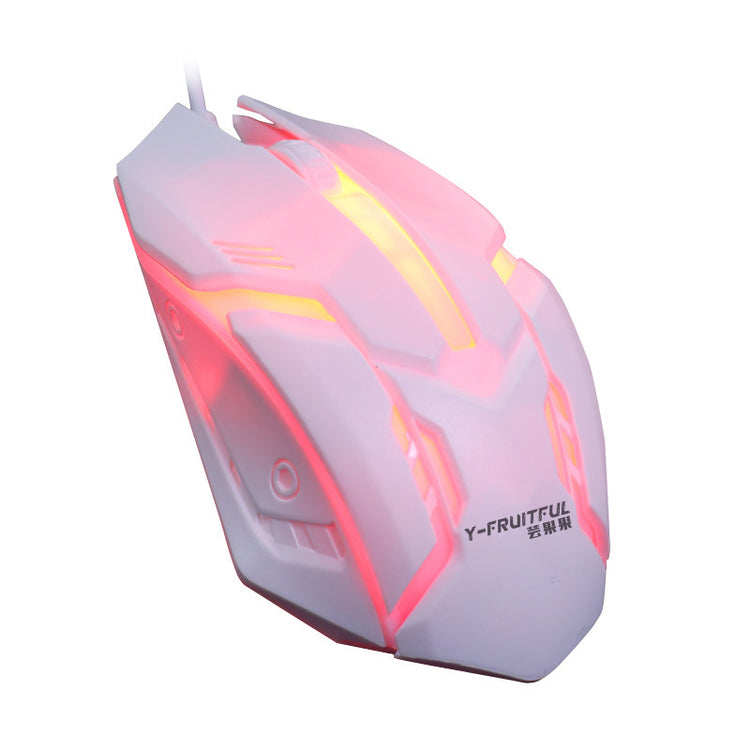 a white computer mouse with red lights