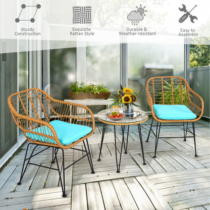 3 Pieces Rattan Furniture Set With Cushioned Chair Table