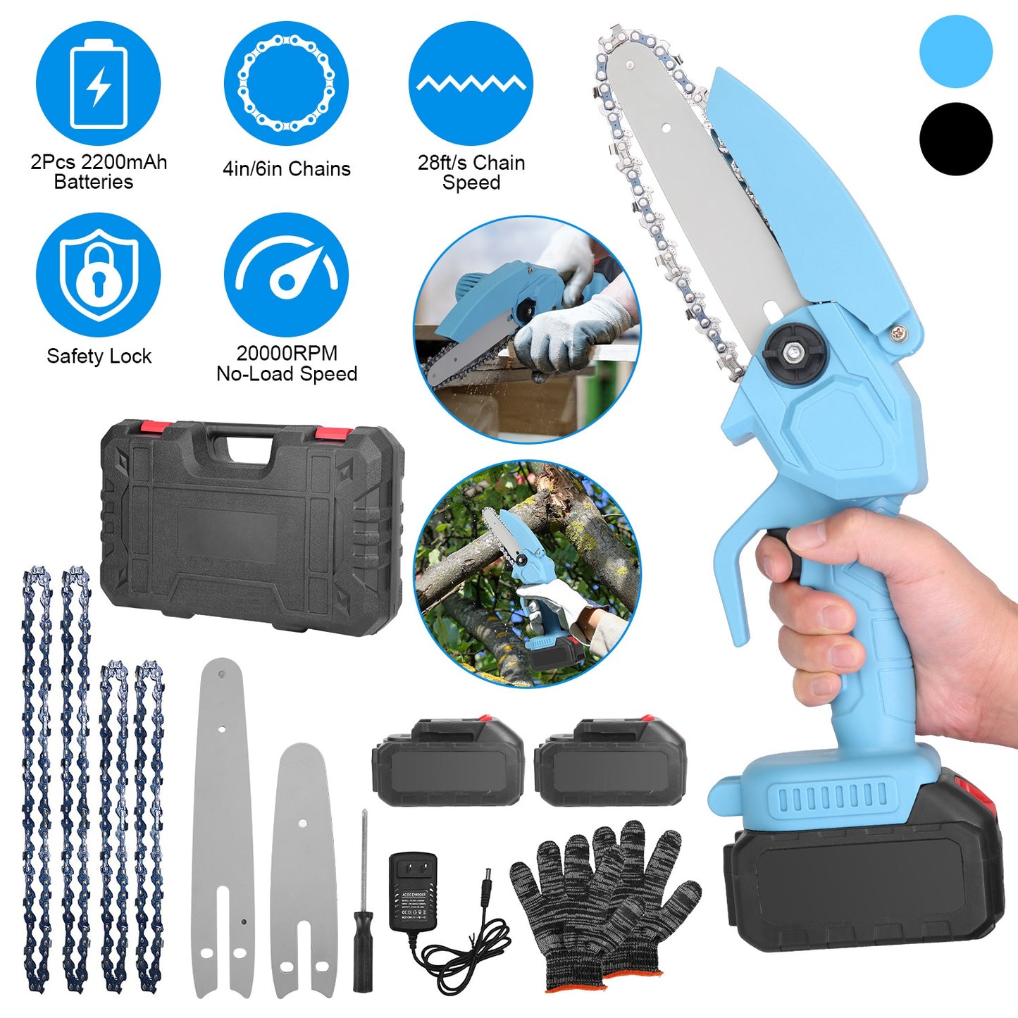 1Pc Electric Mini Chainsaw1Pc  Portable Handheld Cordless Small Chain Saw Battery Powered With 2Pcs 2200mAh Rechargeable Batteries 4in Or 6in Chains For Pruning Trees Wood Cutting