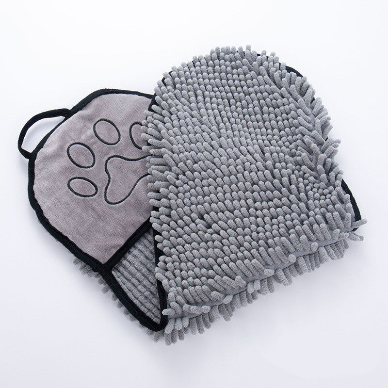 a grey mitt and glove with paw print