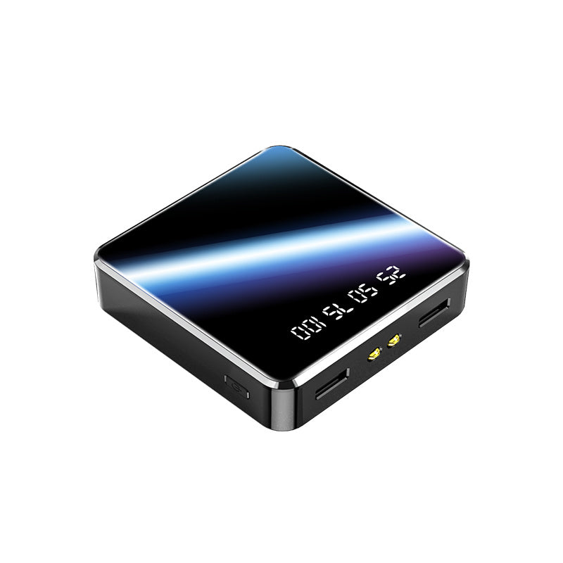 a black square device with a blue and white background