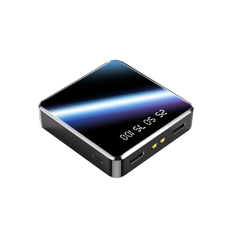 a black square device with a blue and white background
