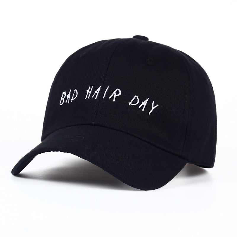 a black hat with white text on it