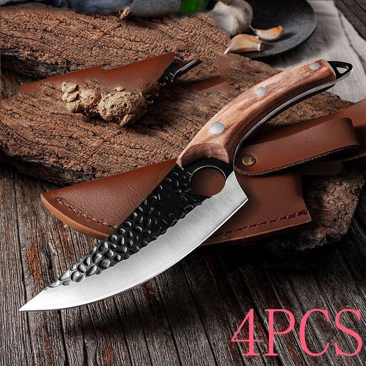 a knife with a brown handle on a wooden surface