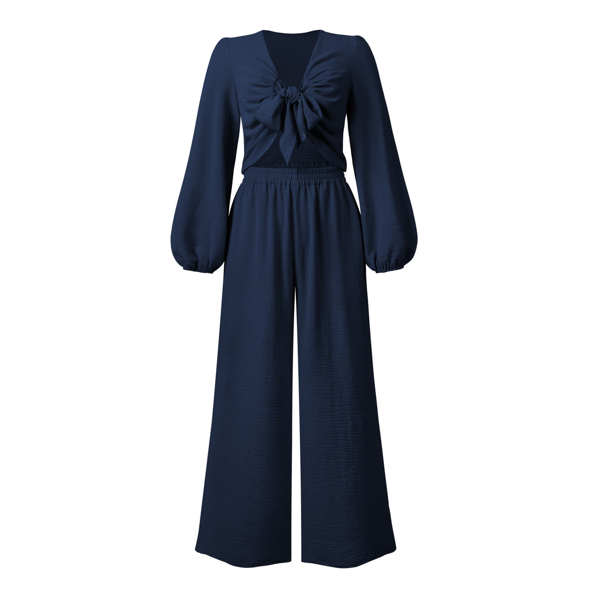 a blue jumpsuit with a bow