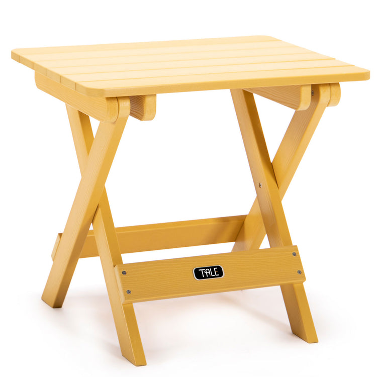 a yellow table with a black label