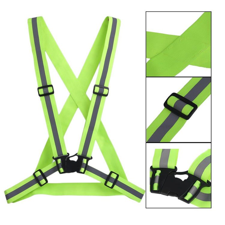 a green safety harness with grey stripes