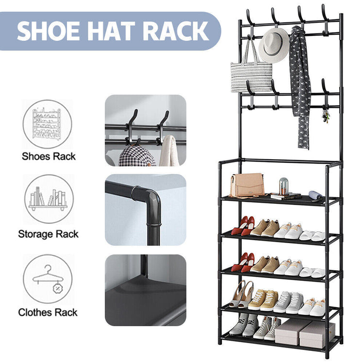 a shoe rack with many shoes and a hat rack