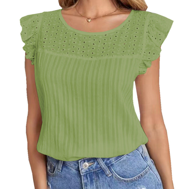 a woman wearing a green shirt