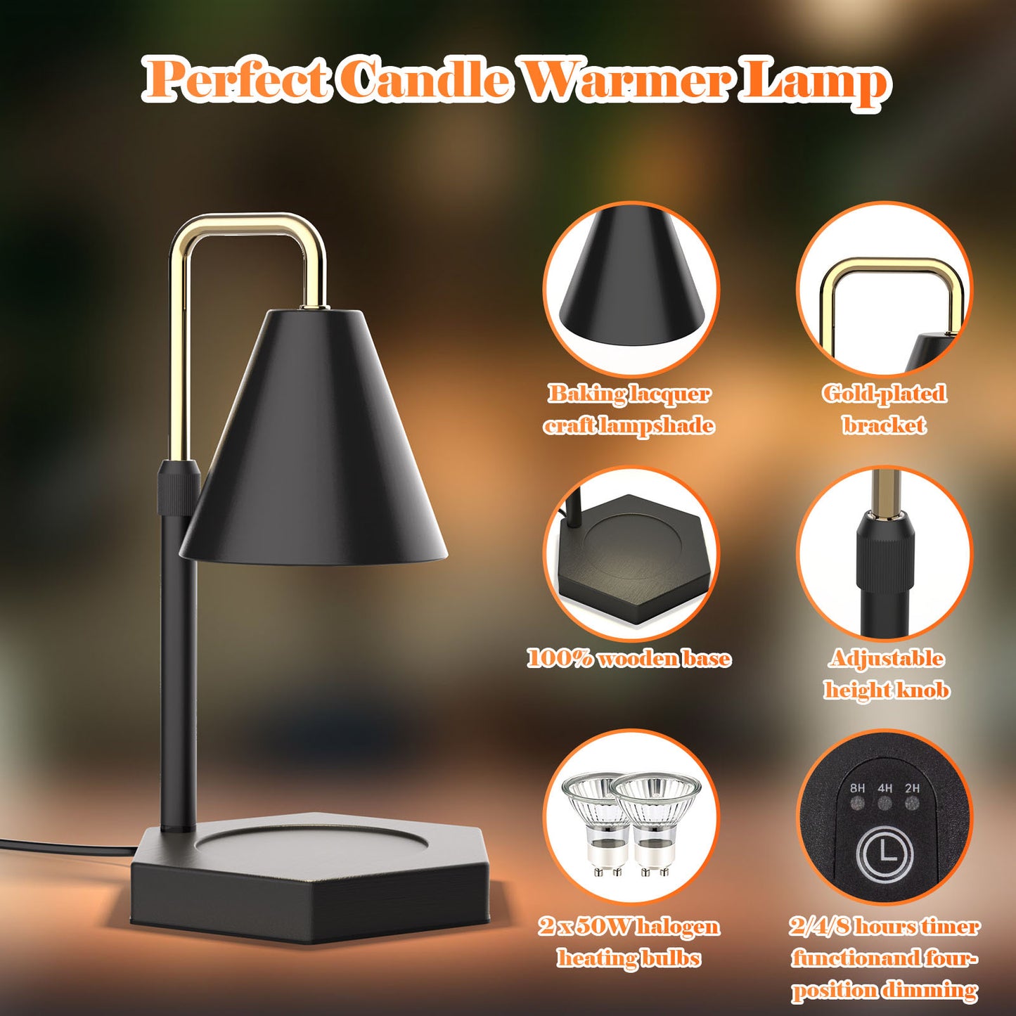 RAINBEAN Candle Warmer Lamp With Timer  Adjustable Height Electric Candle Warmer Dimmable With 2 Bulbs Wax Melt Warmer