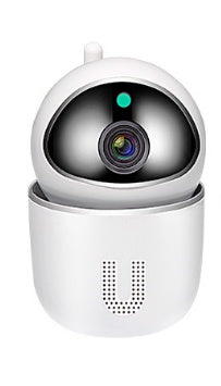 a white camera with a green light