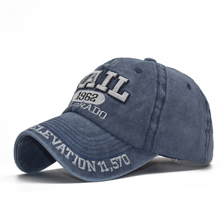 a blue baseball cap with white text