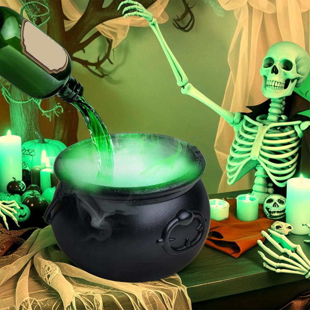 a skeleton pouring green liquid into a cauldron