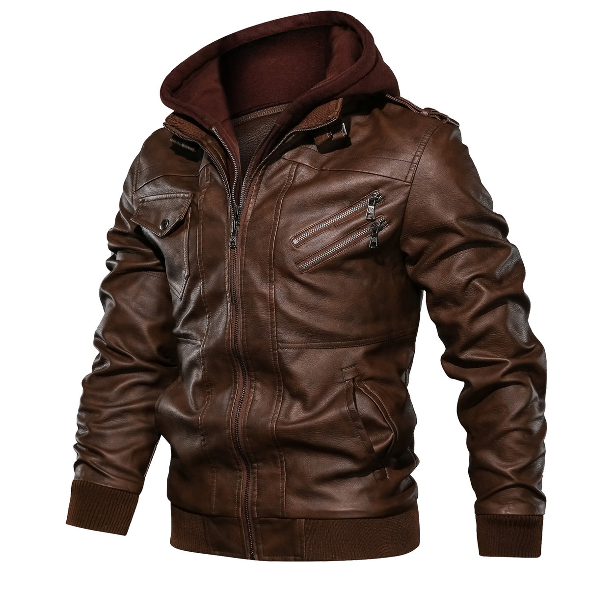 a brown leather jacket with a hood