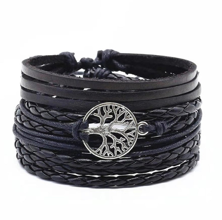 a black leather bracelet with a silver tree of life charm